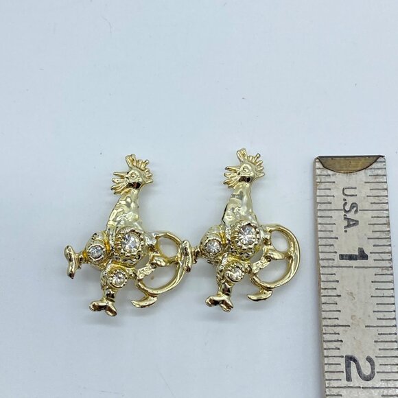 Vintage Gold Tone Roosters Brooches With Rhinestone Accents Pins Set of 2 - Picture 3 of 9